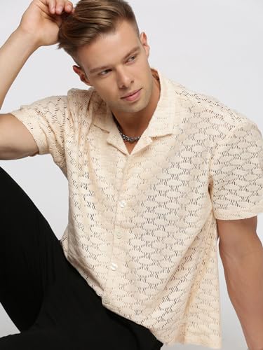 Image of SHOWOFFFF Men Solid Crochet Casual Shirt | Cuban Collar Half Sleeves Cotton Shirt for Mens | Relaxed Fit Regular Length Shirt for Men's