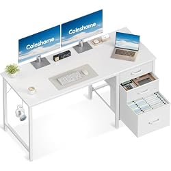 Coleshome Computer Desk with Drawers, 120cm Office Desk with Storage, White | Reversible Study Desk with Headphone Hook, Work Desk for Home Office, PC Desk for Gamers, Workers and Students
