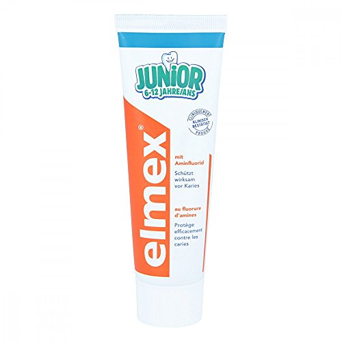 elmex Tandpasta Junior 6-12 jaar, 75 ml, medische tandreiniging met 1400 ppm fluoridegehalte voor zeer effectieve bescherming van cariës, versterkt de nieuwe, permanente tanden