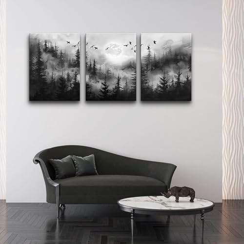 DZRWUBHS Black And White Wall Pictures Canvas Wall Art For Living Room Wall Decor For Bedroom Modern Office Decorations Misty Forest Landscape Abstract Wall Paintings Wall Hanging Home Decor