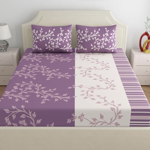 Image of Dreamscape 100% Cotton Fitted Floral Bedsheet For King Bed, 140 TC, 1 Bed Sheet (Size 72 x 78 Inches + 12 Inches Pocket) With 2 Pillow Covers, Purple