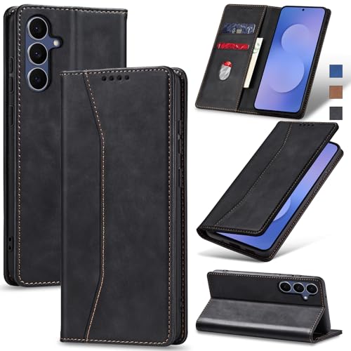 Image of Jasonyu Flip Wallet Case for Samsung Galaxy S25 FE 5G,Leather Magnetic Folio Cover with Card Holder,Kickstand - TPU Shockproof Durable Protective Phone Case,Black