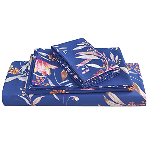 Image of JSD Navy Blue Tropical Floral Printed Sheet Set Queen Size | 4 Piece Soft Botanical Microfiber Sheets, 16 inch Extra Deep Pocket, OEKO-TEX Certified, Easy Care