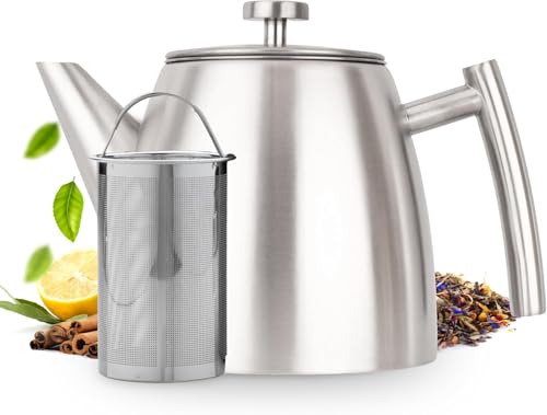 Vaja Trends Teekanne, 1L Doppelwandig Aus Grau Edelstahl Mit Siebeinsatz, Mit Stövchen, Tea Maker, Teekanne Edelstahl