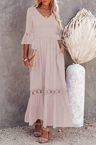 Ferlema Women's Fall Maxi Dress Casual 3/4 Sleeve Boho Dress High Waist Smocked Flowy Long Beach Dresses Pink Large #TOP1