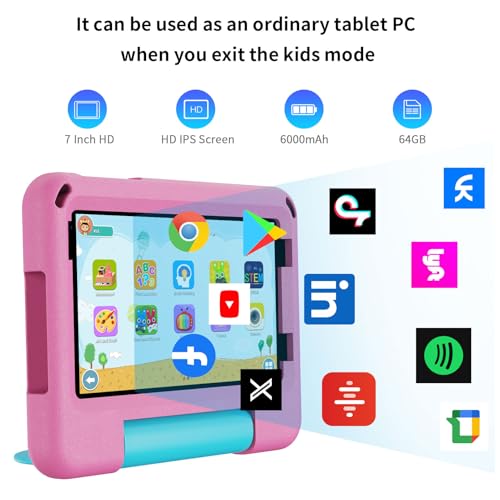 Image of PRITOM TAB7 PRO Kids Tablets 7 inch, 64 GB, 3 GB RAM Upgraded, Toddler Tablet Android 14 with WiFi, Dual Camera, Education, Games, Kids Software Pre-Installed, Parental Control, Pink