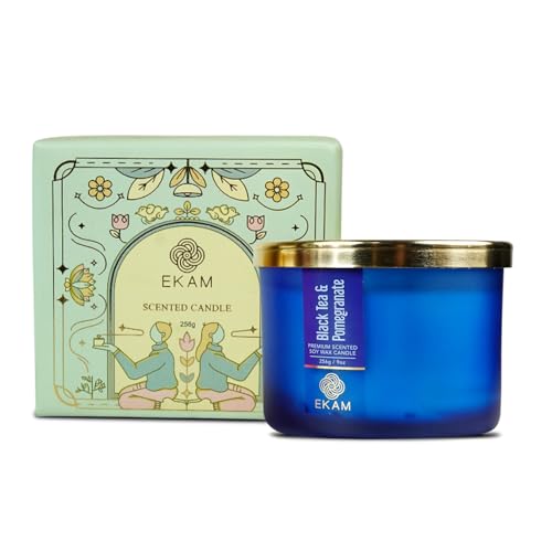 Image of EKAM 3 Wick Soy Wax Scented Candle | Black Tea & Pomegranate Fragrance | 35 Hr Burn | Long Lasting Premium Jar Candle for Home Decor, Relaxation & Gifting