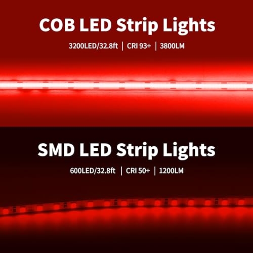 Image of COB Led Strip Lights Red, 32.8FT /10M 24V Cob Led Tape Lights 3200Leds CRI 93+ Flexible Dimmable Super Bright Lights Strip for Bedroom, Mirror, Cabinet, Kitchen Room Decor(with Adapter)