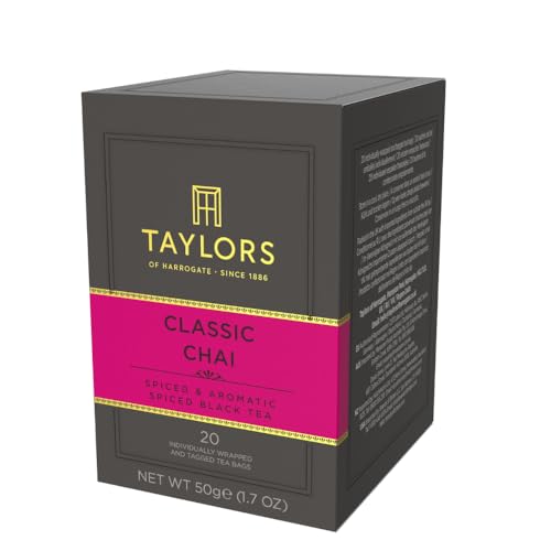 Image of Taylors of Harrogate Classic Chai, Black Tea, Individually Wrapped Bags, 20 Count (Pack of 1), Spiced, Aromatic & Warming, Caffeinated, Enjoy Hot or Iced, 20 Teabags