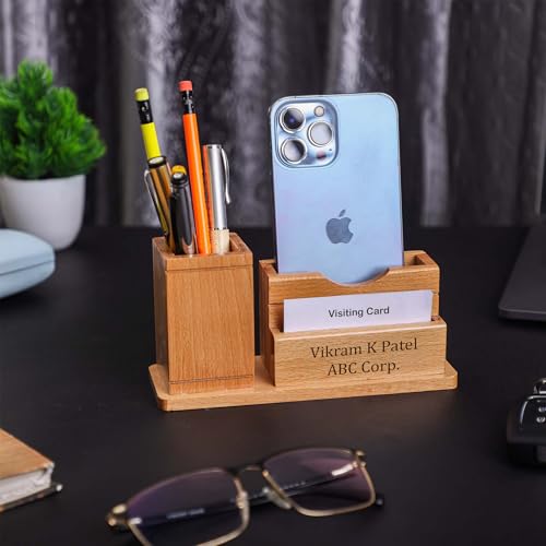 Image of Deskart Customized Multipurpose Pen Holder Stand | Premium Wooden Desk Organizer with Business Visiting Card and Mobile Holder