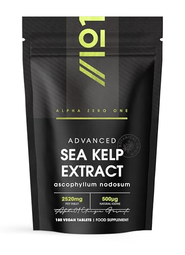 Sea Kelp Extract 2520mg Tablets - 500μg Natural Iodine - 180 Vegan Tablets (6 Months Supply) - High Strength 30:1 Ascophyllum Nodosum Extract - Resealable and Recyclable Pouch by Alpha01
