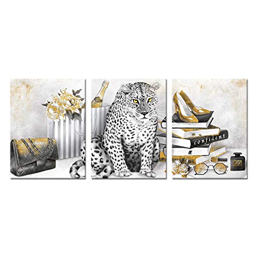 Kalormore Glam Fahion Pictures Gift For Women Bedroom Black And White Leopard With Books High Heel Shoes Perfume Canvas Prints Wall Art Decor Bathroom Decoration Ready To Hang #TOP7