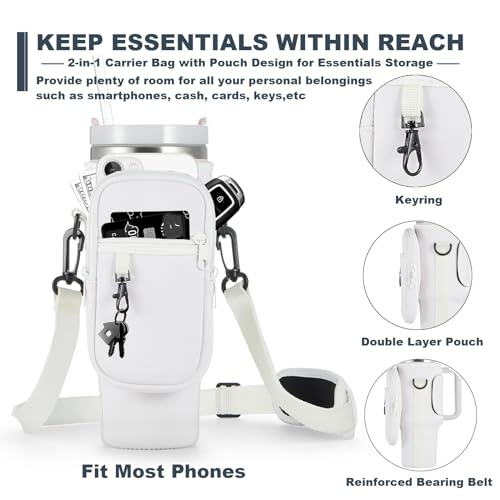 Image of Water Bottle Carrier Bag with Phone Pocket for Cream Stanley 40 oz Tumbler with Handle, Cream Insulated Neoprene Cup Holder Pouch Strap for Stanley Cup Accessories
