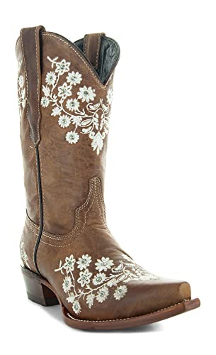 Soto Boots Women's Floral Embroidery Cowgirl Boots, Geniune Leather Handcrafted Boots M50059 Brown3