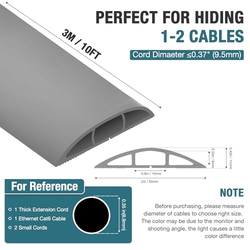 Image of Floor Cord Cover, Cable Protector, 0.63W x 0.31H inches, Wire Cover for Extension Cords, Floor Cable Covers Prevent Cable Trips (Gray, 50-10 Feet)