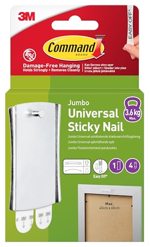 Command Large Metal Universal Picture Hanger 1 Hook + 4 Adhesive Strips Damage-Free Hanging for Frames Mirrors Wall Decor and Clocks Holds 3.6 kg