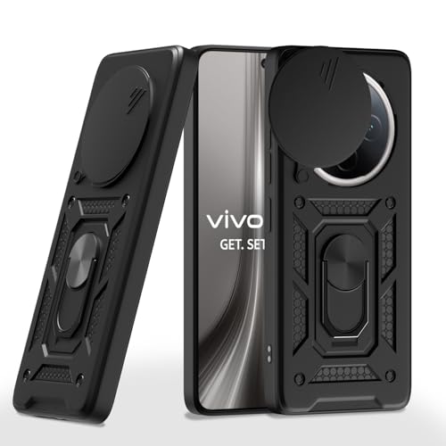 Image of Pikkme Back Cover for Vivo T4 5G / iQoo Z10 5G | 360 Protection Case | Sliding Camera Shield Cover & Ring Holder Stand D10 Tough Armor Bumper Case (Black)