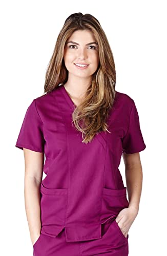 ACTIVE UNIFORMS Women's Super Soft, Ultra Comfort Stretch Mock Wrap Scrub Top (Burgundy, Medium)