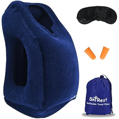 Skyrest Inflatable Travel Pillow - Airplane Pillow for Neck Support on Planes, Buses, Cars, Office & Trains - Comes with Eye Mask, Earplugs & Portable Drawstring Bag (Blue) Cover