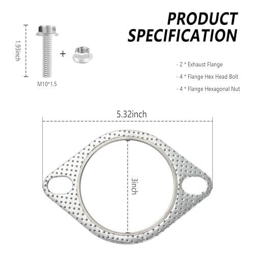 Kifidan KIFIDAN-DIAN PIAN-0809 2Pcs Exhaust Flange Gasket + 4Pcs Exhaust Bolts,3 Inch 2-Bolt Catalytic Converter Gasket Replaces Oem#120-06310-0002,Car Accessories Exhaust Flange Repair Kit thumb #1