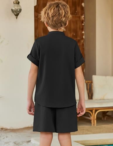 Image of Arshiner Boy's 2 Pieces Linen Sets Short Sleeve Henley Shirt and Shorts Summer Beach Matching Outfits 4-12 Years