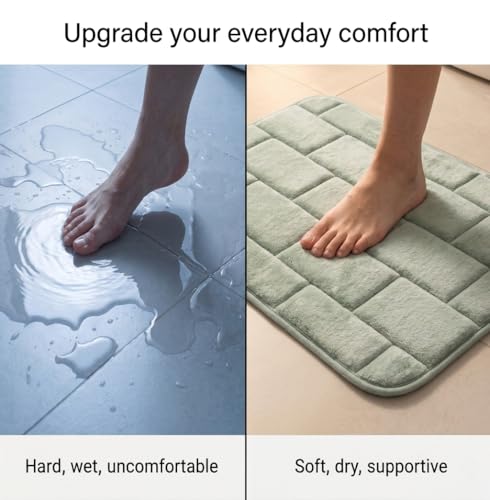 Image of Memory Foam Bath Mat for Bathroom & Kitchen | Anti-Skid Soft Floor Mat for Bedroom | Super Absorbent Quick Dry Microfiber Rug | Machine Washable Indoor Floor Mat | Sage Green | 40x60 cm