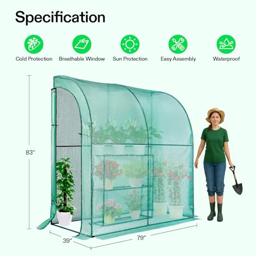 Image of VIVOSUN Lean-to Greenhouse, 6.6' x 3.3' x 6.9' Portable Wall House with Green PE Cover and Shelf for Compact Garden 79x39x83-Inch