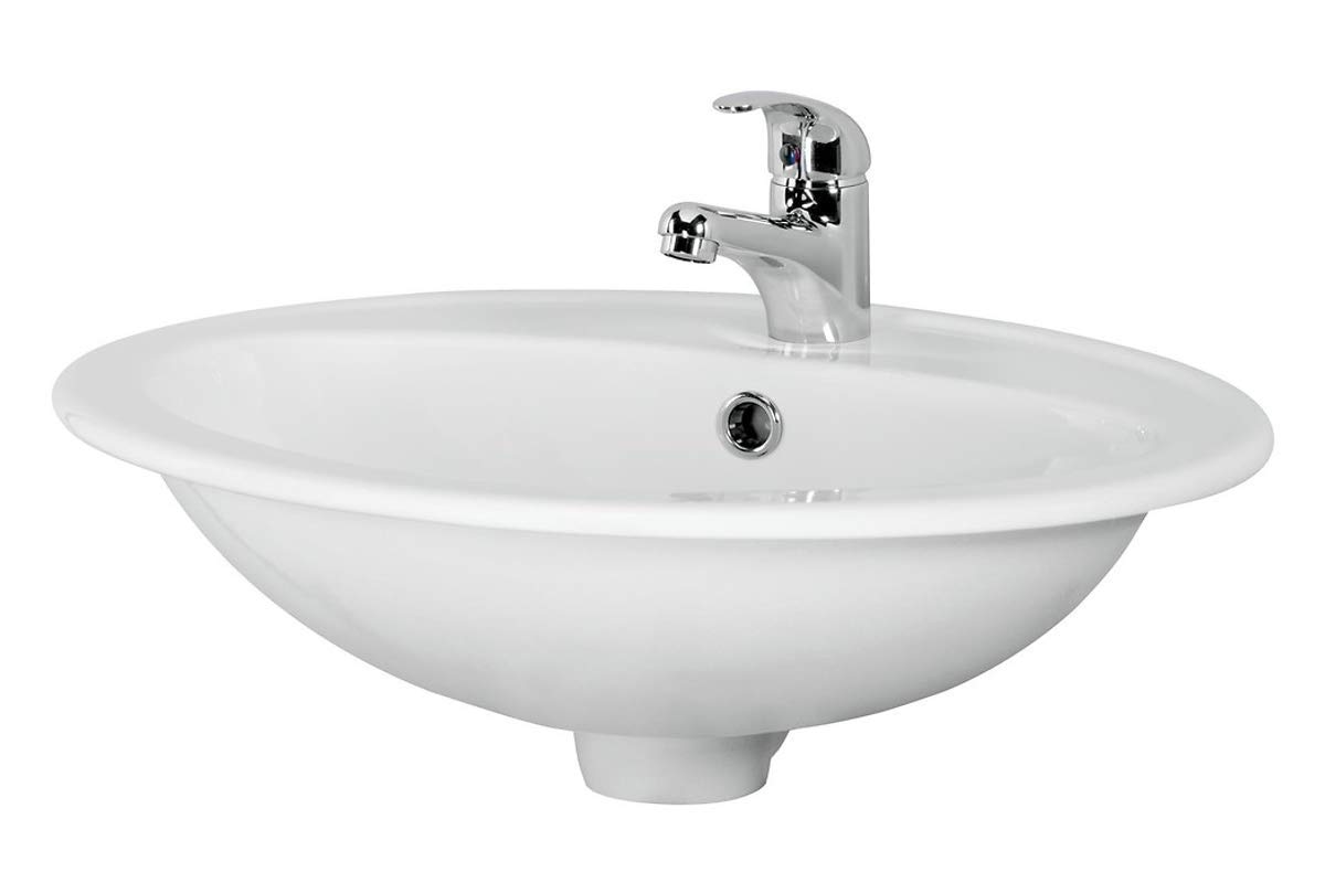 VBChome Waschbecken Oval 54cm x 41cm Weiß Waschtisch Einbauwaschbecken Waschplatz Bad Badezimmer Gäste-Bad aus Keramikmit, 1 Hahnloch, mit Überlauf
