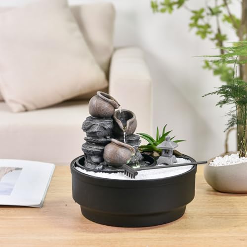 Zimmerbrunnen für den Garten, Zen, Wasserfall, Glas, buntes LED-Licht, Dekoration für entspannte Atmosphäre, Garten, Zen weißer Sand, Tischbrunnen, geschlossener Kreislauf, H21 cm – Oasis Zen'Light
