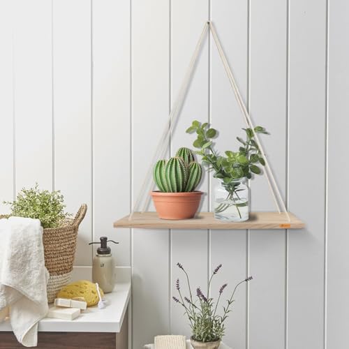 Image of Set of 2 Hanging Rope Shelf with Adhesive Wall Hook for Wall Decor - Rustic Wood Floating Shelves for Bedroom, Living Room, Kitchen - Boho Swing Plant Holder with Natural Jute Rope