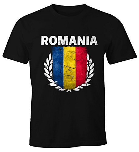 MoonWorks EM WM T-Shirt Herren Fußball Rumänien Flagge Vintage Romania Fanshirt Fan Shirt schwarz L
