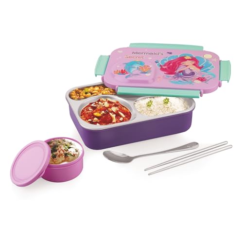 Image of ATTRO School Bite Stainless Steel Lunch Box - 3 Compartment Bento Tiffin, Leak-Proof & Durable, Ideal for Kids, School, Picnic- 750ml+150ml, Pink Lavender- Princess Theme