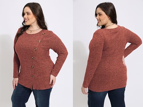 Image of RITERA Plus Size Sweater, Ribbed Long Sleeve Solid Top for Women | Soft vertical ribbed knit, modest V neck, loose long sleeves, curved swing hem, slimming casual layering top for curvy women