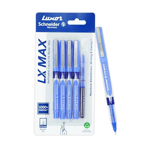 Image of Luxor Schneider LX-Max Needle tip Pack of 4 Pens | 4 Blue Pens + 1 Refill | Best Pen for Students