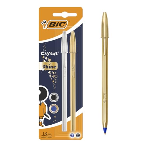 BIC Cristal Original Shine - Stylos-Bille Or et Argent Pointe Moyenne (1,0 mm) - Écriture Fluide et Élégante - Encres Bleue et Noire, Blister de 2