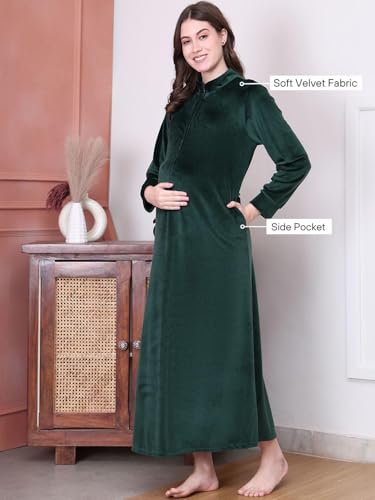 Image of Secret Wish Solid Velvet Maternity Nighty Full Length