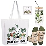 TAOVEEK 4 PCS Plants Lovers Gifts for Women, Plant Lady Mom Gardening Gifts for Birthday Christmas, 16oz Glass Cup Canva Tota Bag Plant Keychain Socks Gift Box
