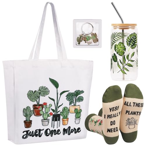 TAOVEEK 4 PCS Plants Lovers Gifts for Women, Plant Lady Mom Gardening Gifts for Birthday Christmas, 16oz Glass Cup Canva Tota Bag Plant Keychain Socks Gift Box