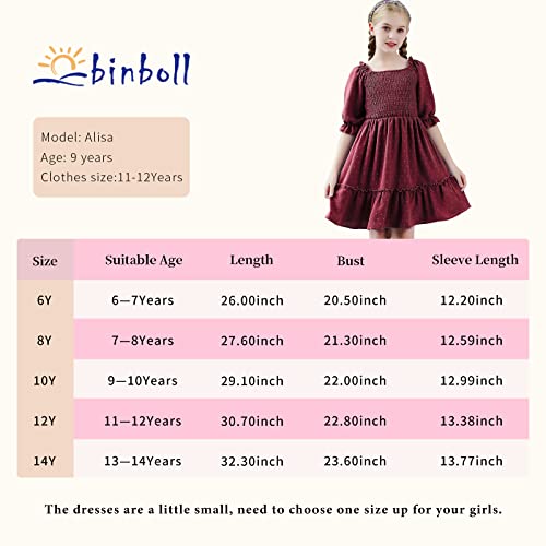 Binboll Girls Dress Sweet & Cute Puff Sleeve Square Neck Ruffle Swiss Dot Ruffle Swing Dress(Wine Red,13-14 Years) #TOP7
