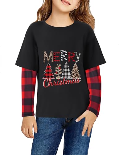 Image of Arshiner Girls Christmas Halloween Long Sleeve Shirts Graphic Stripe Plaid Patchwork Top Tee