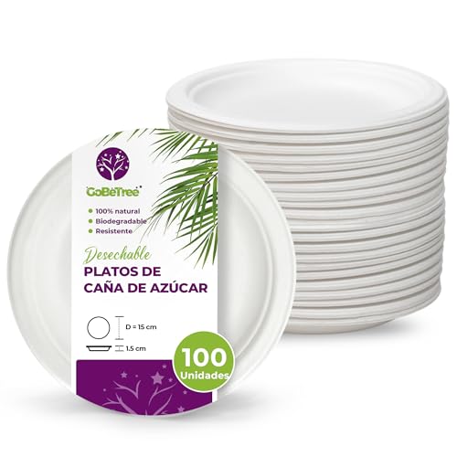 GoBeTree 100 platos desechables de caña de azúcar redondos de 15 cm blancos. Platos papel desechables extrafuertes, Para camping, picnic, fiestas, barbacoas, cumpleaños