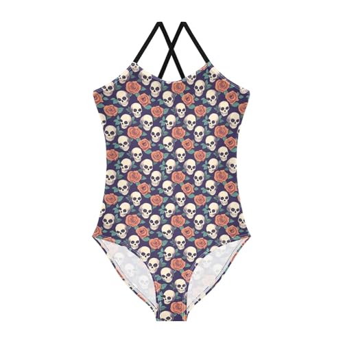 senya Girls Swimsuits One-Piece Swimwear Tie Bathing Suit Beach Summer Round Neck 5-6T Skull Red Rose Pattern