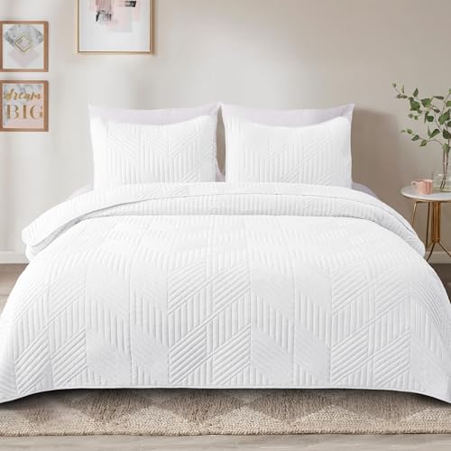 Exclusivo Mezcla Ultrasonic King Quilt Bedding Set, Lightweight White Bedspreads Soft Modern Geometric Coverlet Set for All Seasons (1 Quilt and 2 Pillow Shams)