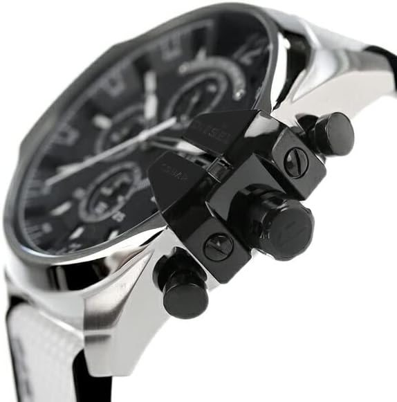 Close-up side view of the watch crown and pushers