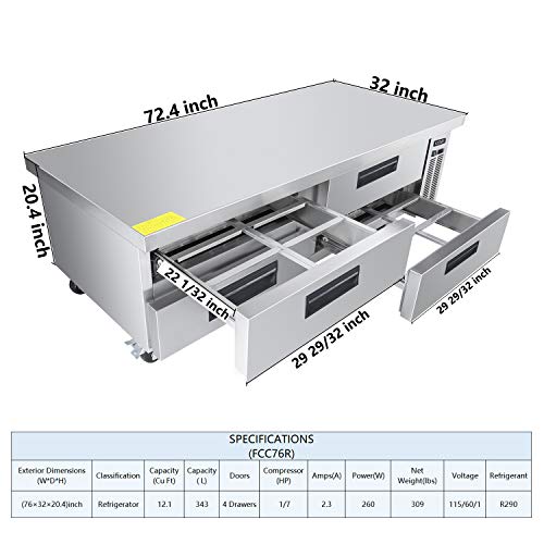 Kitma 4 Drawer Refrigerated Chef Base 76" W Chef Base Refrigerator, Commercial Kitchen Equipment Stand Refrigerator, Holding Temperature 33℉-38℉, 12.1Cu.ft #TOP3