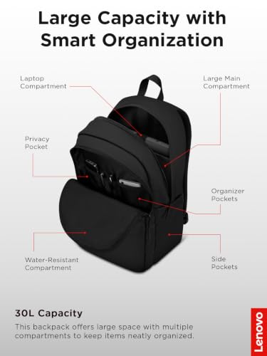 Lenovo 16-inch Commuter Backpack B10, Lightweight 30L Laptop Backpack, Water-Resistant Travel Bag with 6 Storage Compartments, Anti-Theft Pocket & Luggage Strap, Fits Up to 16" Laptop, Black - image 3