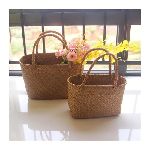 Straw Beach Bag Seaweeds Woven Basket Flower Basket Garden Succulent Bag Storage Basket Women Handbag Beach Bag(L)2
