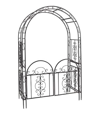 Plow & Hearth Arch Metal Outdoor Garden Arbor Double Gate | Montebello | 84" H x 53" W x 23" D | Gunmetal Black | Trellis Lattice Climbing Plants