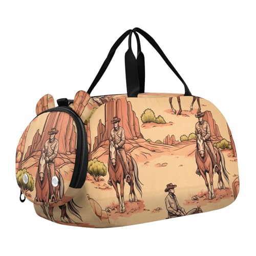 Flradish Cowboy Rides A Horse Across The Desert Kids Overnight Duffle Bag,Gymnastics Sports Dance Bag with Shoe Compartment & Wet Pocket, Travel Weekender Tote for Boys & Girls