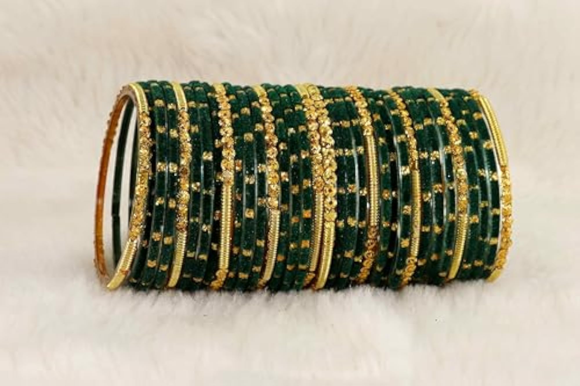 Glass Golden Beads Polka Dots Velvet Bangles Set (Spring 8 Inches)